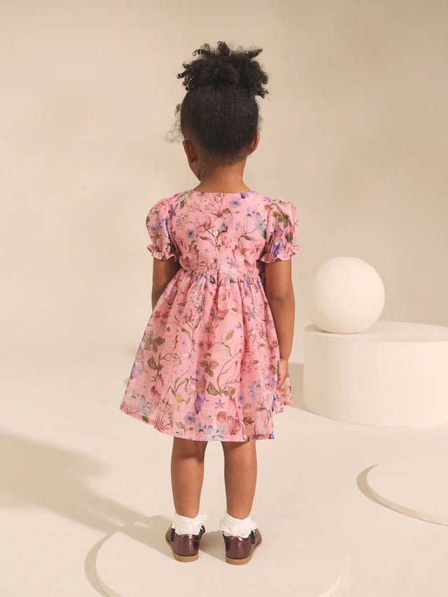 |Girl| Vestido Corpete Com Estampa Floral e Fada Rosa (3 meses a 8 anos)