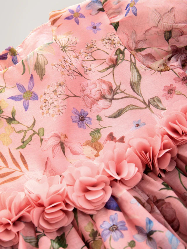 |Girl| Vestido Corpete Com Estampa Floral e Fada Rosa (3 meses a 8 anos)