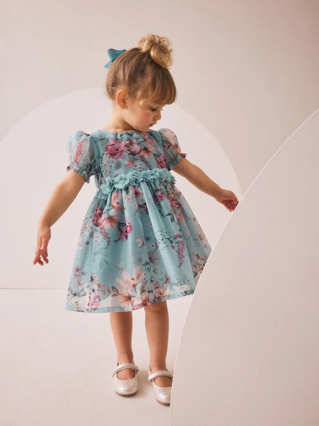 |Girl| Vestido Corpete Com Estampa De Flores Azuis (3 meses a 8 anos)