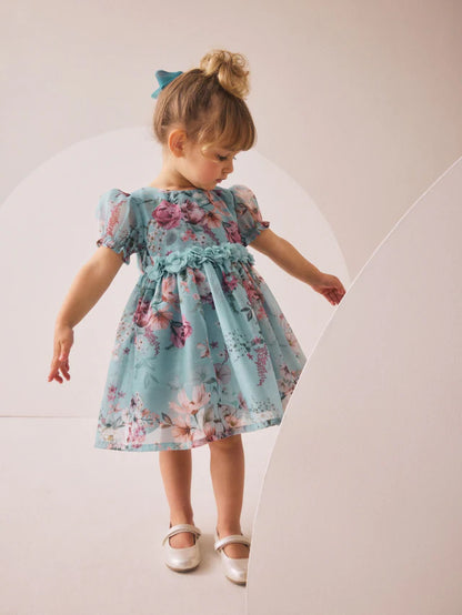 |Girl| Vestido Corpete Com Estampa De Flores Azuis (3 meses a 8 anos)