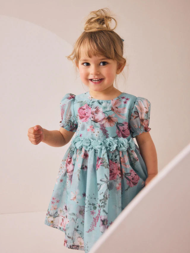 |Girl| Vestido Corpete Com Estampa De Flores Azuis (3 meses a 8 anos)