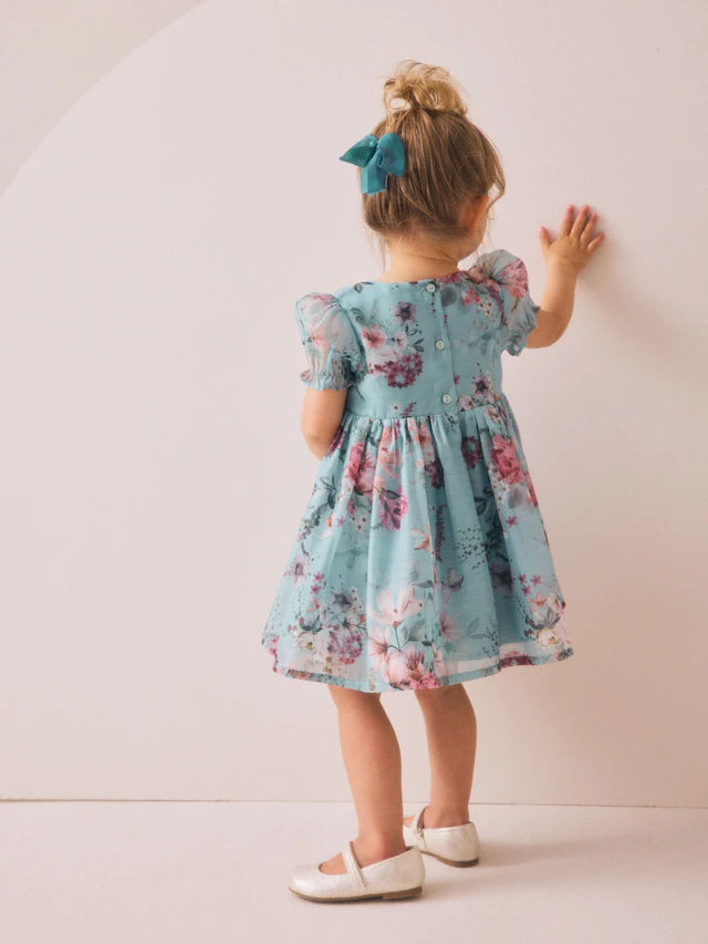 |Girl| Vestido Corpete Com Estampa De Flores Azuis (3 meses a 8 anos)