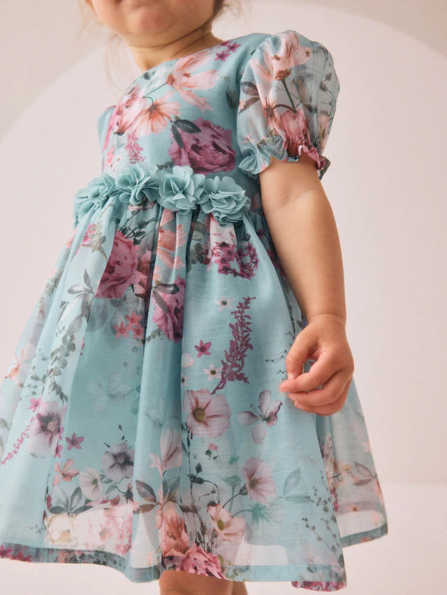 |Girl| Vestido Corpete Com Estampa De Flores Azuis (3 meses a 8 anos)