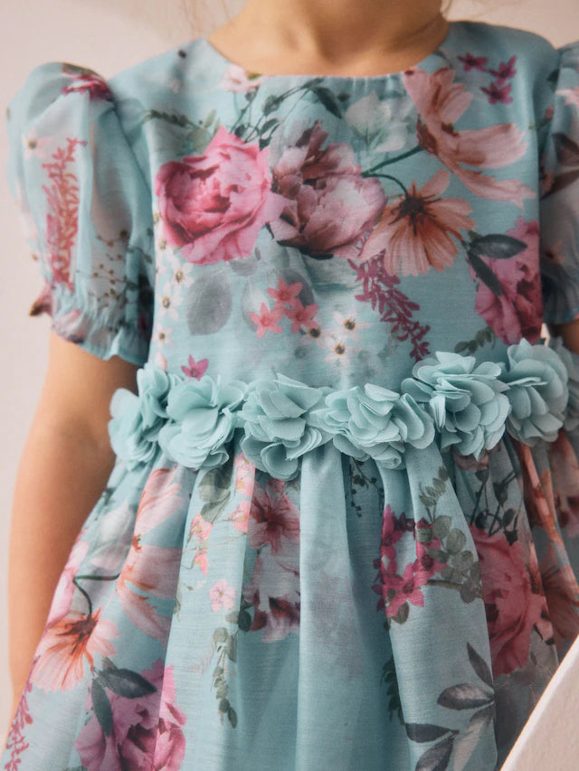 |Girl| Vestido Corpete Com Estampa De Flores Azuis (3 meses a 8 anos)