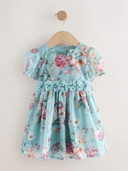 |Girl| Vestido Corpete Com Estampa De Flores Azuis (3 meses a 8 anos)