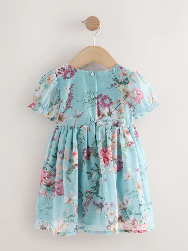 |Girl| Vestido Corpete Com Estampa De Flores Azuis (3 meses a 8 anos)