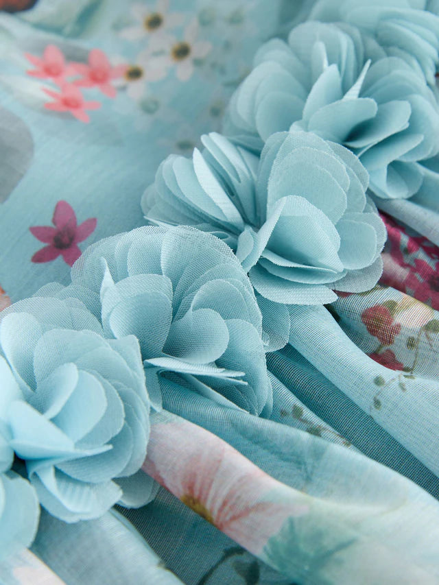 |Girl| Vestido Corpete Com Estampa De Flores Azuis (3 meses a 8 anos)