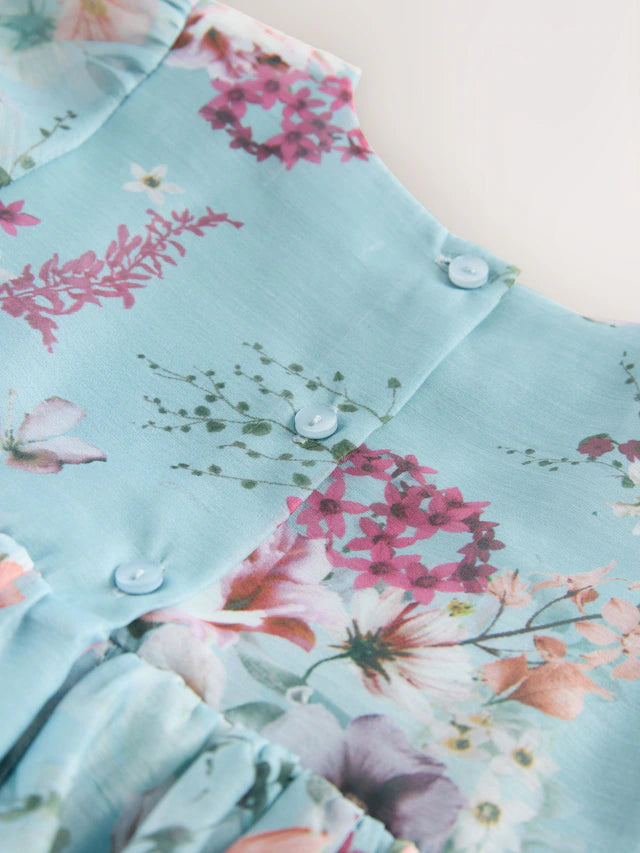 |Girl| Vestido Corpete Com Estampa De Flores Azuis (3 meses a 8 anos)