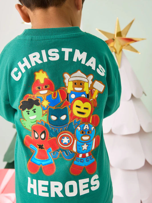 |Boy| Camiseta Verde De Manga Comprida Da Marvel Christmas (9 meses a 8 anos)