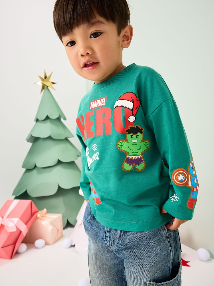 |Boy| Camiseta Verde De Manga Comprida Da Marvel Christmas (9 meses a 8 anos)