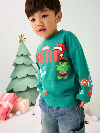|Boy| Camiseta Verde De Manga Comprida Da Marvel Christmas (9 meses a 8 anos)