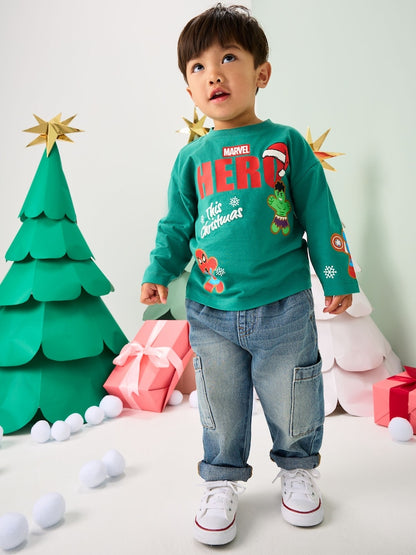|Boy| Camiseta Verde De Manga Comprida Da Marvel Christmas (9 meses a 8 anos)