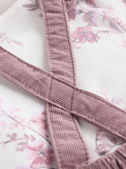 |BabyGirl| Conjunto De 3 Peças Para Bebê: Macacão, Body De Manga Comprida e Meia-Calça em veludo cotelê roxo e branco.