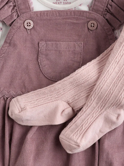 |BabyGirl| Conjunto De 3 Peças Para Bebê: Macacão, Body De Manga Comprida e Meia-Calça em veludo cotelê roxo e branco.