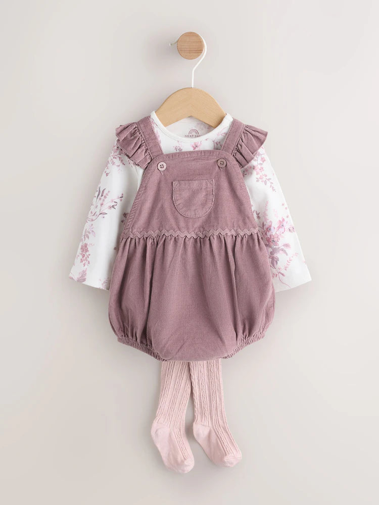 |BabyGirl| Conjunto De 3 Peças Para Bebê: Macacão, Body De Manga Comprida e Meia-Calça em veludo cotelê roxo e branco.