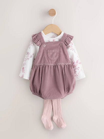 |BabyGirl| Conjunto De 3 Peças Para Bebê: Macacão, Body De Manga Comprida e Meia-Calça em veludo cotelê roxo e branco.