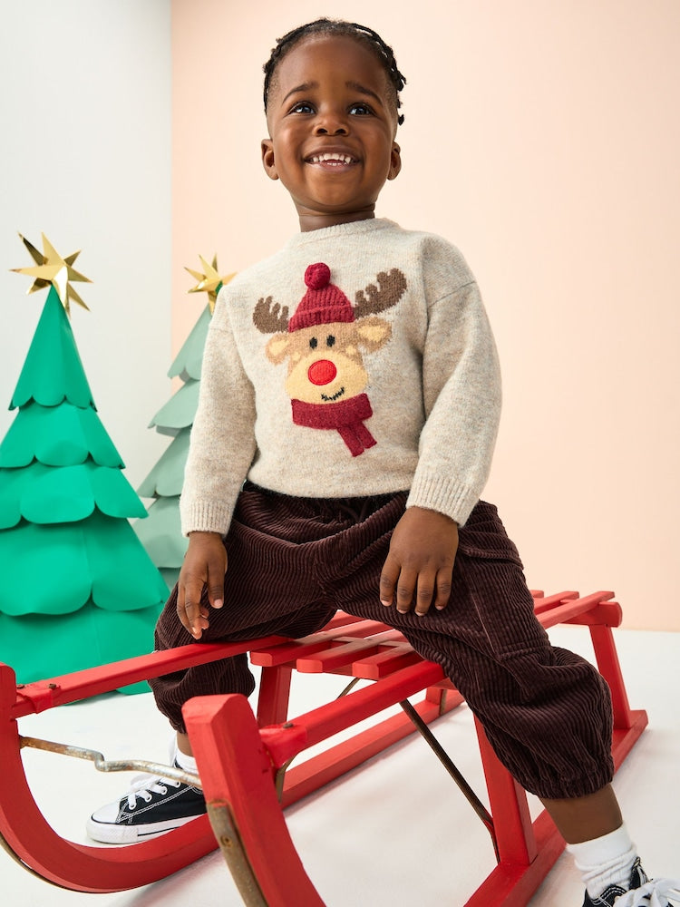 |Boy| Suéter De Natal Em Tricô De Rena Em Tom Neutro/Cinza (3 meses a 7 anos)