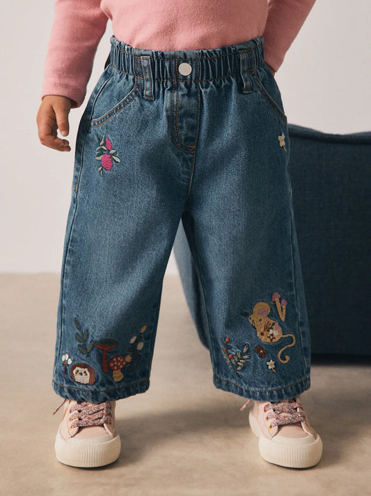 |Girl| Calça Jeans Bordada Com Rato Azul Escuro (3 meses a 7 anos)