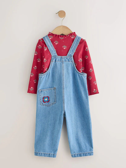 |Girl| Macacão Bordado Floral Azul Médio (3 meses a 7 anos)