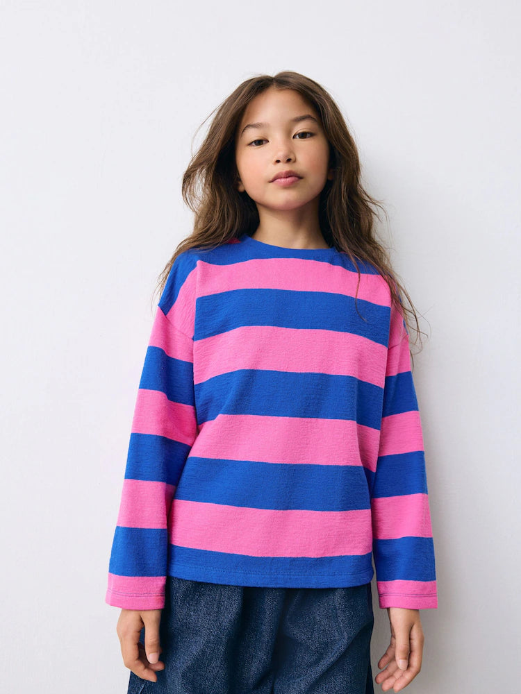 |BigGirl| Blusa Texturizada De Manga Comprida Com Listras Rosa/Azul (3-16 anos)