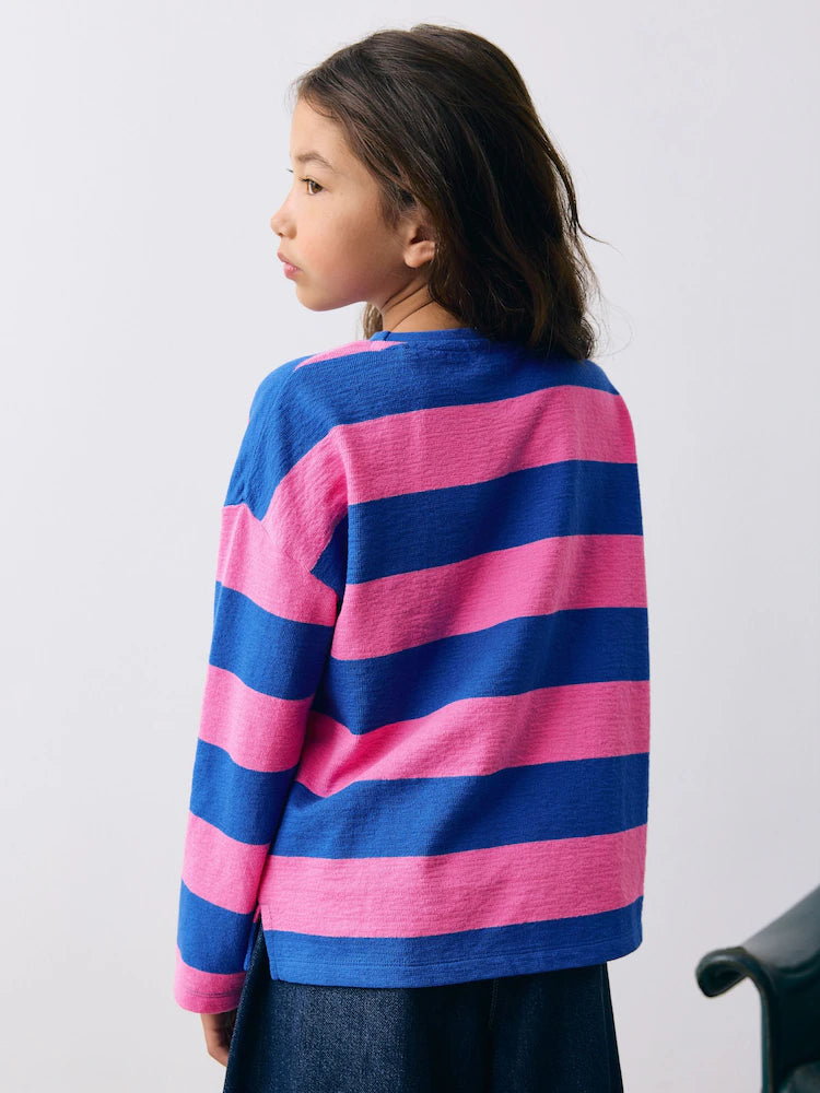 |BigGirl| Blusa Texturizada De Manga Comprida Com Listras Rosa/Azul (3-16 anos)