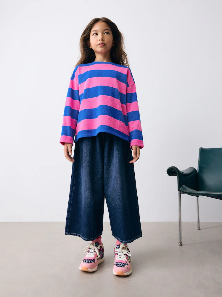 |BigGirl| Blusa Texturizada De Manga Comprida Com Listras Rosa/Azul (3-16 anos)