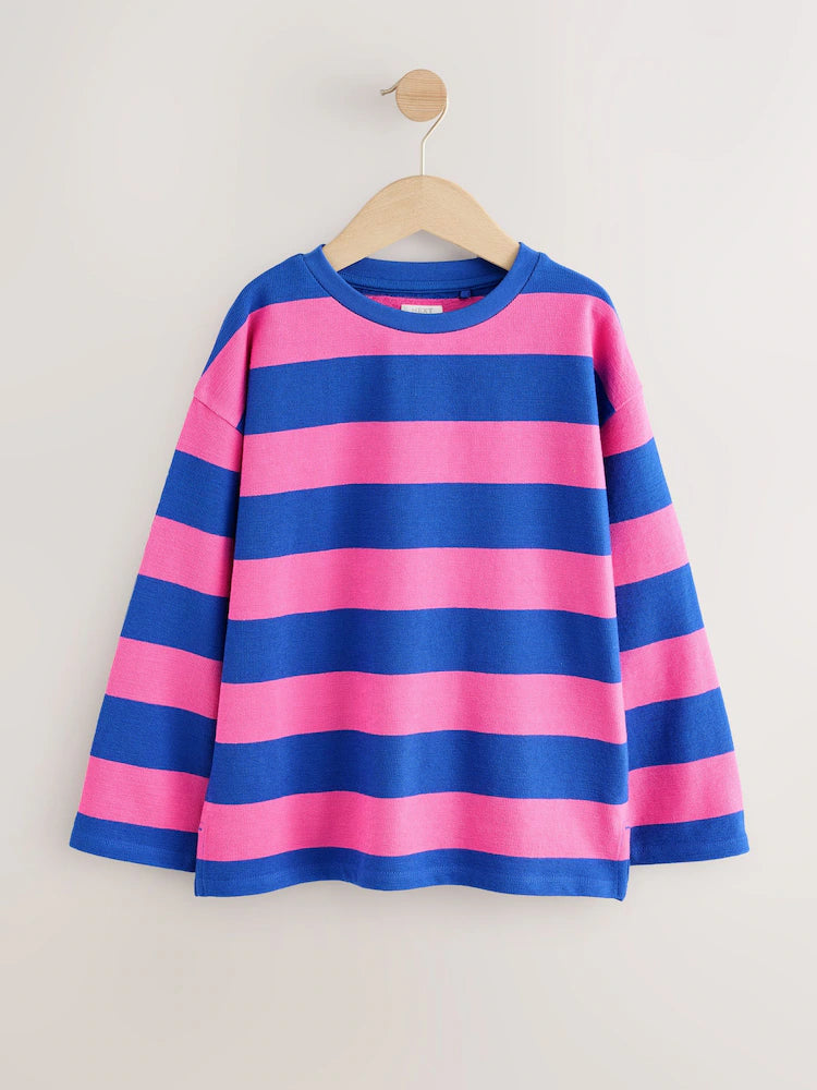 |BigGirl| Blusa Texturizada De Manga Comprida Com Listras Rosa/Azul (3-16 anos)