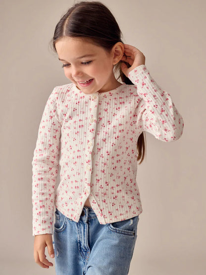 |BigGirl| Cardigan Canelado De Manga Comprida Com Estampa Floral Cru (3-16 anos)