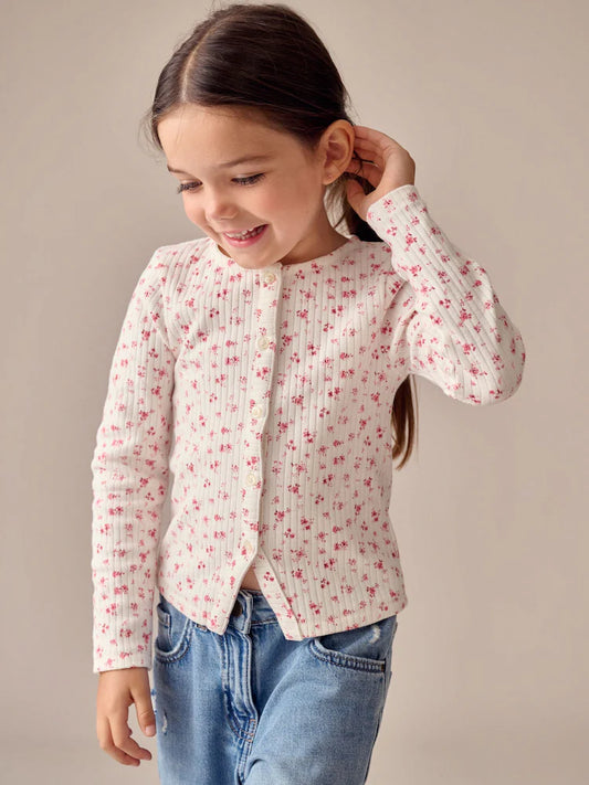 |BigGirl| Cardigan Canelado De Manga Comprida Com Estampa Floral Cru (3-16 anos)