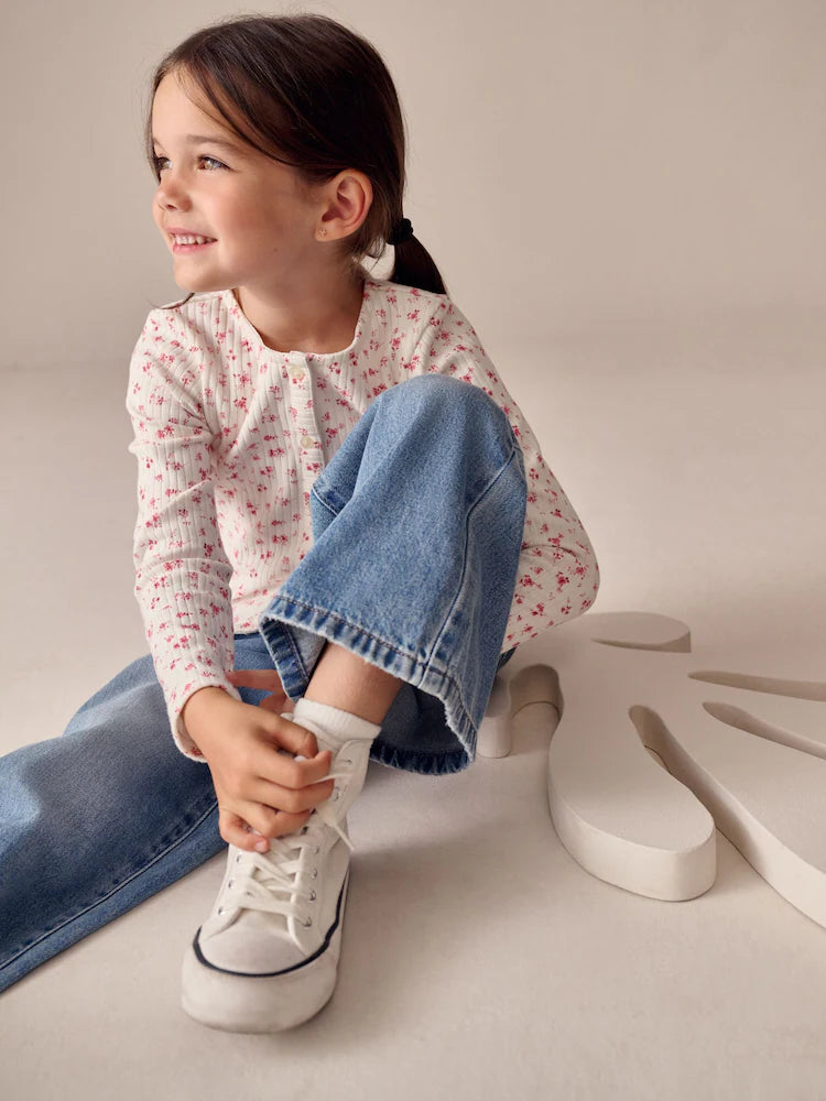 |BigGirl| Cardigan Canelado De Manga Comprida Com Estampa Floral Cru (3-16 anos)