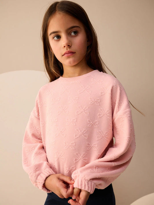 |BigGirl| Blusa De Manga Comprida Com Laço Texturizado Rosa (3-16 anos)