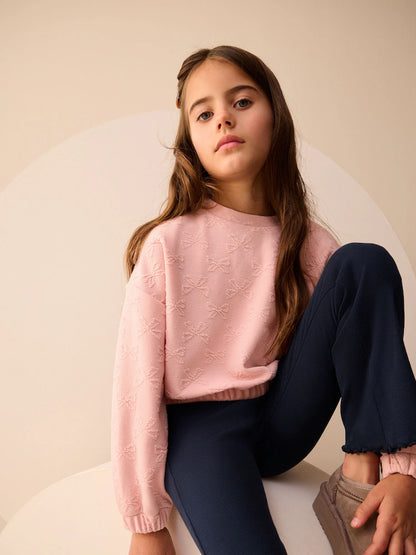 |BigGirl| Blusa De Manga Comprida Com Laço Texturizado Rosa (3-16 anos)