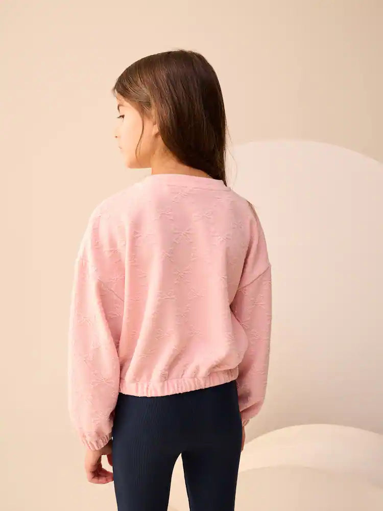 |BigGirl| Blusa De Manga Comprida Com Laço Texturizado Rosa (3-16 anos)