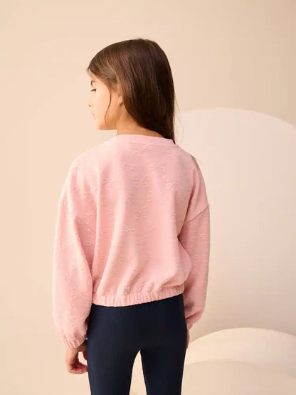 |BigGirl| Blusa De Manga Comprida Com Laço Texturizado Rosa (3-16 anos)