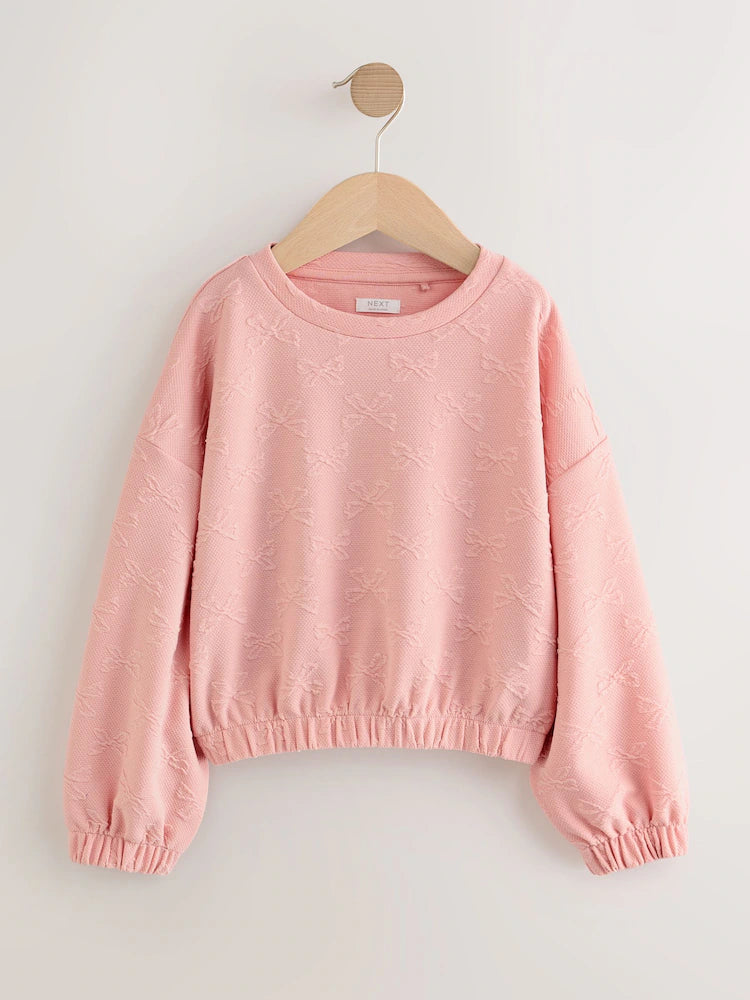 |BigGirl| Blusa De Manga Comprida Com Laço Texturizado Rosa (3-16 anos)