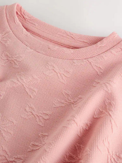 |BigGirl| Blusa De Manga Comprida Com Laço Texturizado Rosa (3-16 anos)