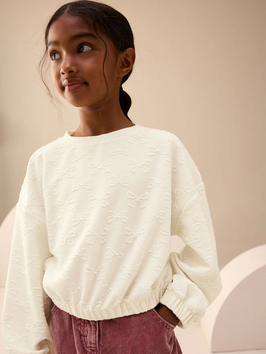 |BigGirl| Blusa De Manga Comprida Com Laço Texturizado Branco Cru (3-16 anos)