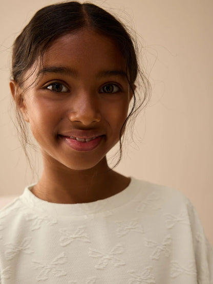 |BigGirl| Blusa De Manga Comprida Com Laço Texturizado Branco Cru (3-16 anos)