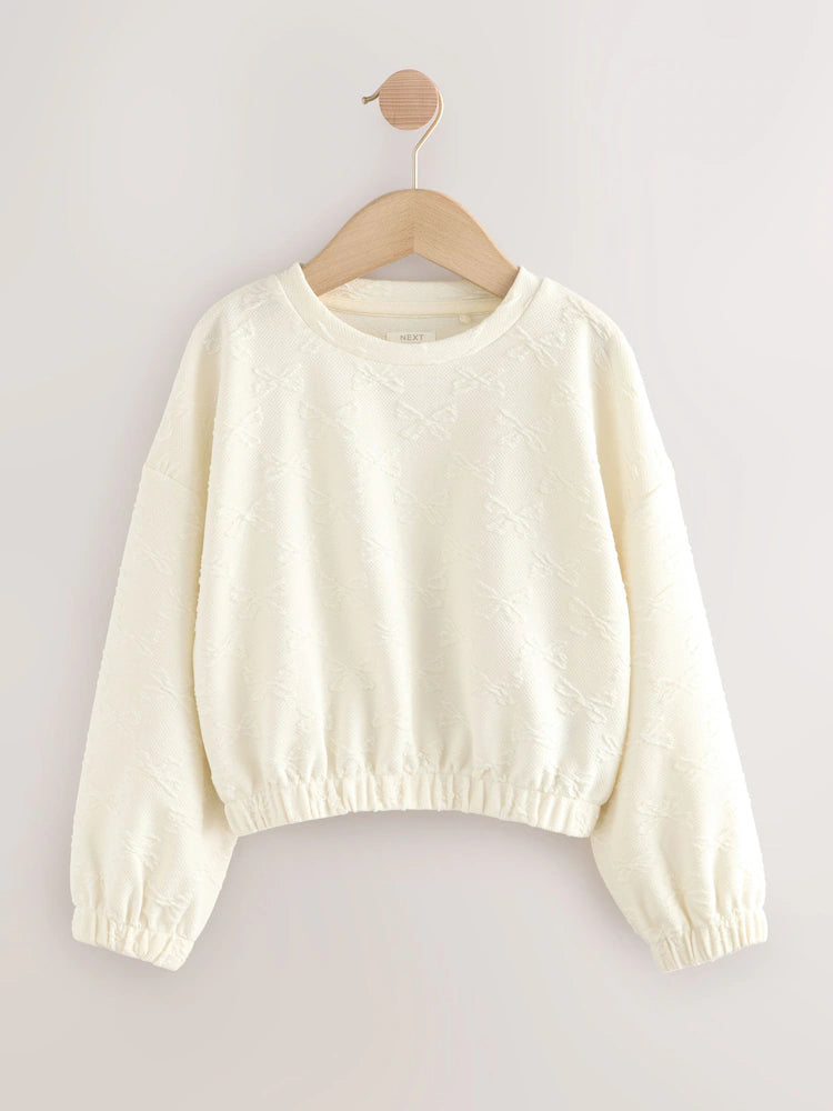 |BigGirl| Blusa De Manga Comprida Com Laço Texturizado Branco Cru (3-16 anos)