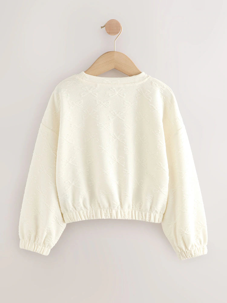 |BigGirl| Blusa De Manga Comprida Com Laço Texturizado Branco Cru (3-16 anos)