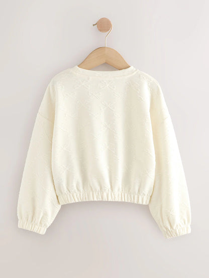 |BigGirl| Blusa De Manga Comprida Com Laço Texturizado Branco Cru (3-16 anos)