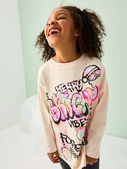 |BigGirl| Blusa De Manga Comprida Com Estampa De Grafite Rosa De Natal (3-16 anos)