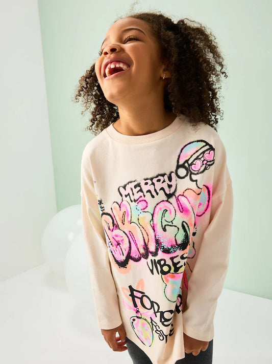 |BigGirl| Blusa De Manga Comprida Com Estampa De Grafite Rosa De Natal (3-16 anos)