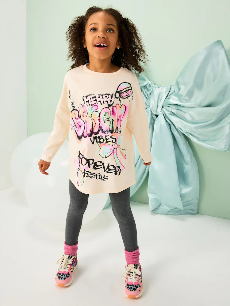 |BigGirl| Blusa De Manga Comprida Com Estampa De Grafite Rosa De Natal (3-16 anos)