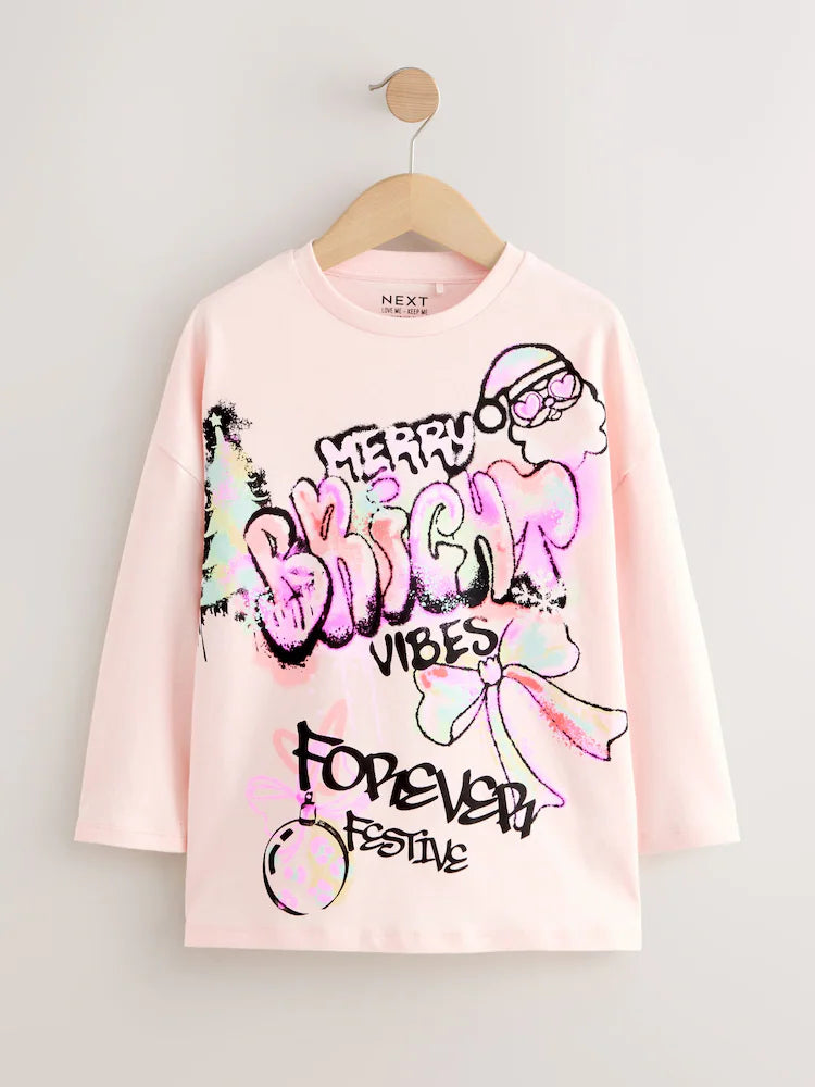 |BigGirl| Blusa De Manga Comprida Com Estampa De Grafite Rosa De Natal (3-16 anos)