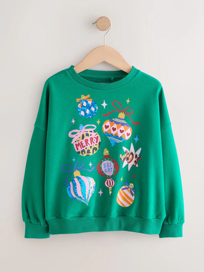 |BigGirl| Blusa De Moletom Manga Comprida Com Lantejoulas Verde (3-16 anos)