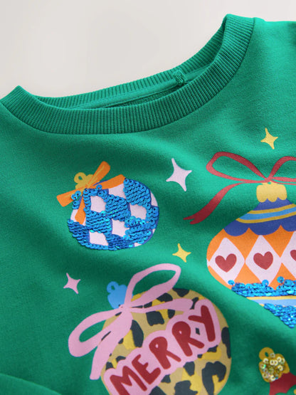 |BigGirl| Blusa De Moletom Manga Comprida Com Lantejoulas Verde (3-16 anos)