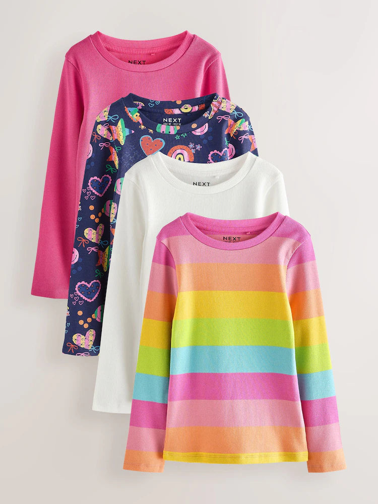 |BigGirl| Camisetas Caneladas De Manga Comprida Multibrilhantes, Pacote com 4 (3 a 16 anos)