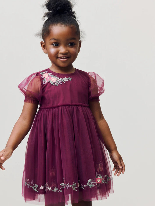 |Girl| Vestido De Festa Em Malha Bordada Vermelho Berry (3 meses a 10 anos)