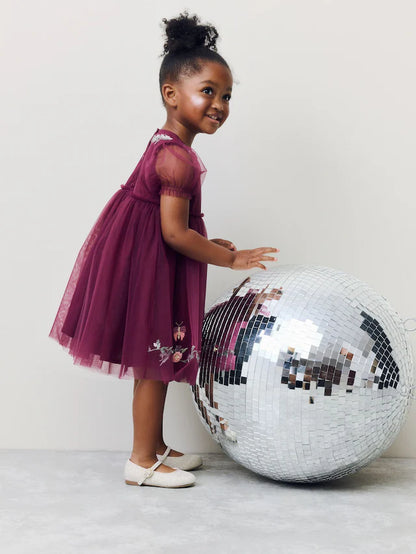 |Girl| Vestido De Festa Em Malha Bordada Vermelho Berry (3 meses a 10 anos)